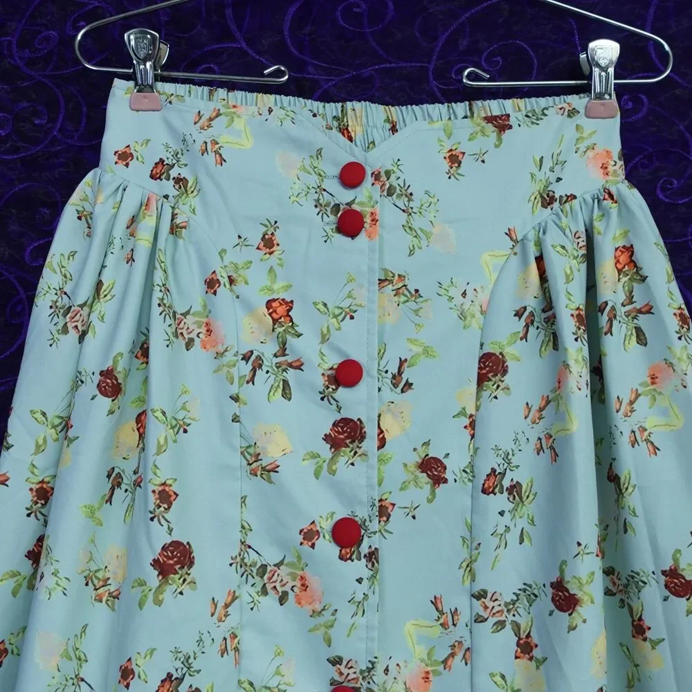 Vintage Reproduction High Waisted Pinup Rockabilly Skirt Blue Red Floral Midi
